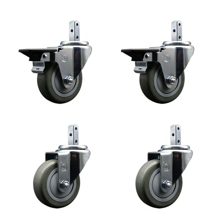 Service Caster 3.5'' Gray Polyurethane Wheel Swivel 3/4'' Square Stem Caster Set 2 Brake, 4PK SCC-SQ20S3514-PPUB-GRY-PLB-34-2-S-2